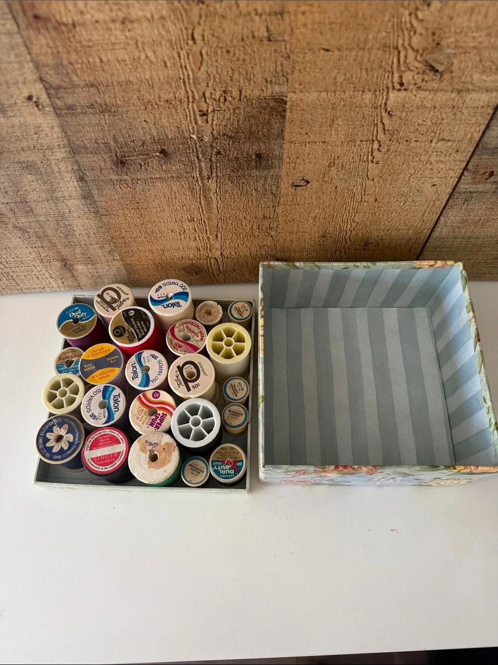 Floral Storage Box - Blue Cream with assorted random thread spools